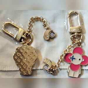 Gold and Pink Double Bagtag, Double Keychain Set Flower And Lion Character